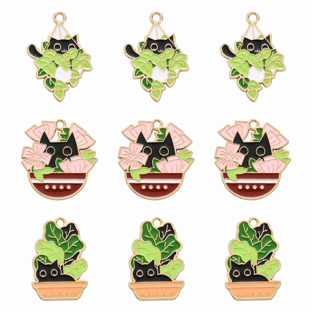 4088 15pcs 3 Styles Black Cat Enamel Potted Plant Charms for Jewelry Making